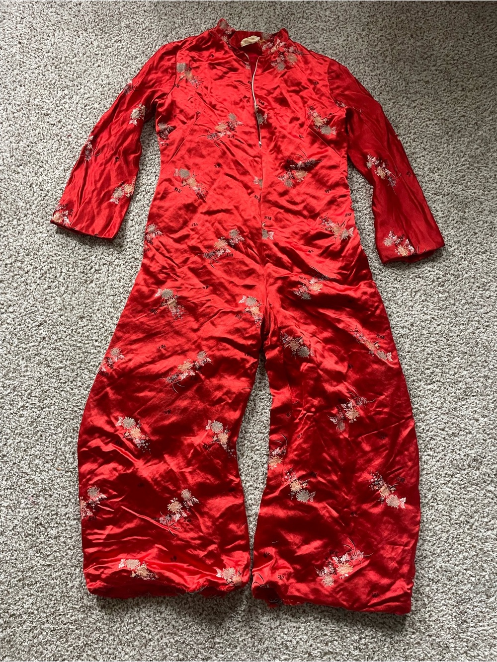 Vintage 1960s Custom Made by Ramona Lee Red Silk Brocade Wide Leg Jumpsuit
